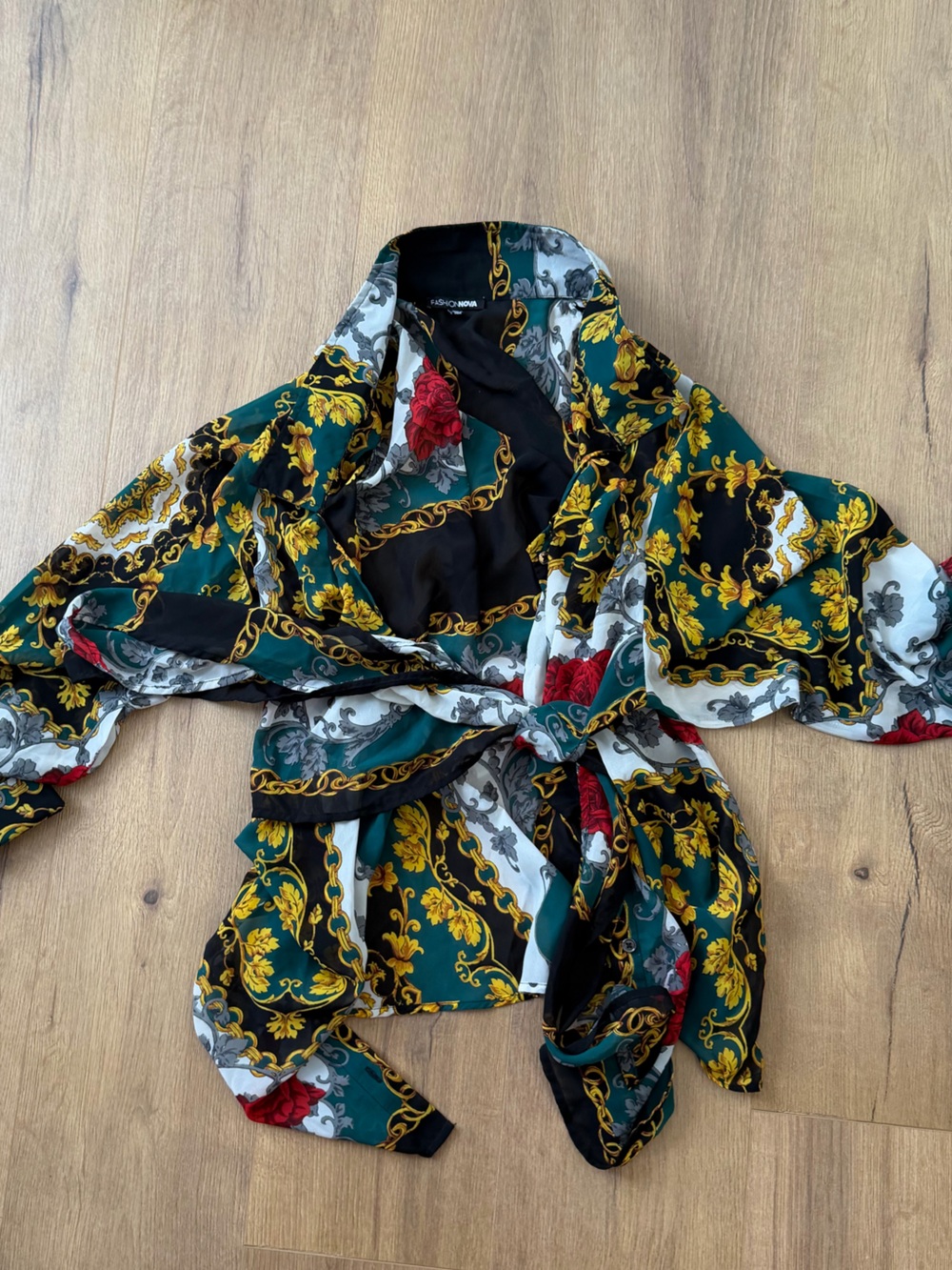 Fashion Nova Green, Black & Gold Chain-Print Wrap Blouse with Red Accents
